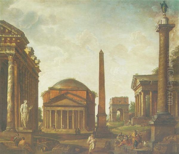 A Capriccio With The Pantheon, An Obelisk, Trajan's Column And The Temple Of Fortuna Virilis, Two Philosophers And Other Figures In Conversation In The Foreground Oil Painting by Giovanni Paolo Panini