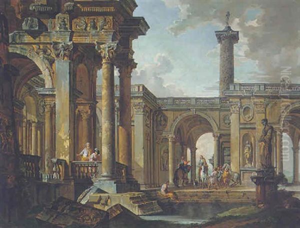 An Architectural Capriccio If Classical Ruins With Horsemen Beneath A Loggia, Trajan's Column Beyond Oil Painting by Giovanni Paolo Panini