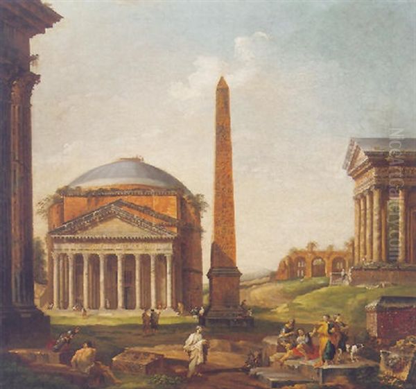 An Architectural Capriccio With The Pantheon, An Obelisk And Other Roman Ruins, Two Philosophers And Other Figures In Conversation In The Foreground Oil Painting by Giovanni Paolo Panini