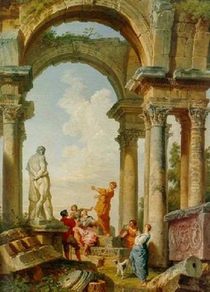 Figures In A Classical Archway Oil Painting by Giovanni Paolo Panini