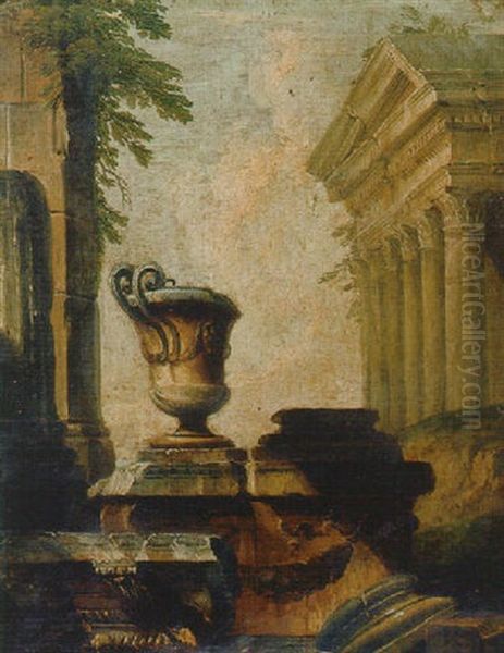 Capriccio De Ruinas Clasicas Con Una Urna Y Un Templo Oil Painting by Giovanni Paolo Panini