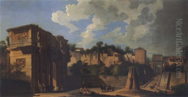 A View Of Rome With The East End Of The Palatine Hills, The Arch Of Constantine And The Arch Of Titus Beyond Oil Painting by Giovanni Paolo Panini