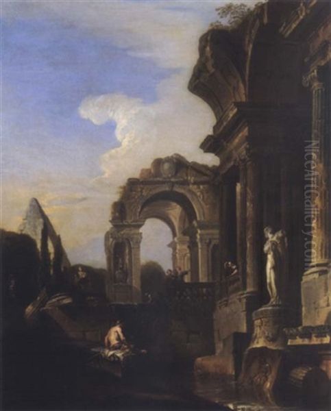 An Architectural Capriccio With Figures Among Ruins And Antique Statuary Oil Painting by Giovanni Paolo Panini