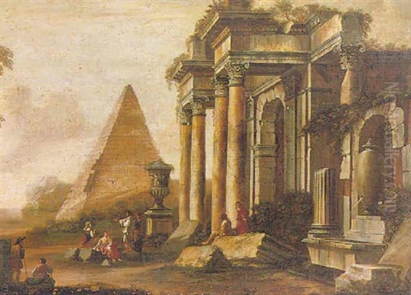 Figures Amongst An Architectural Capriccio With A Pyramid Oil Painting by Giovanni Paolo Panini