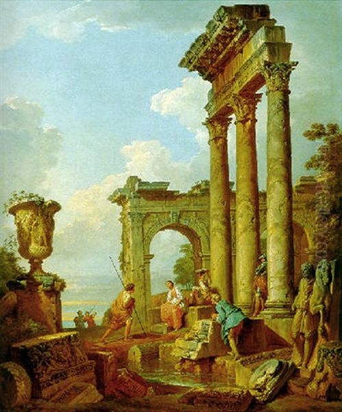 Capriccio Landscape With Figures Conversing By Roman Ruins Oil Painting by Giovanni Paolo Panini