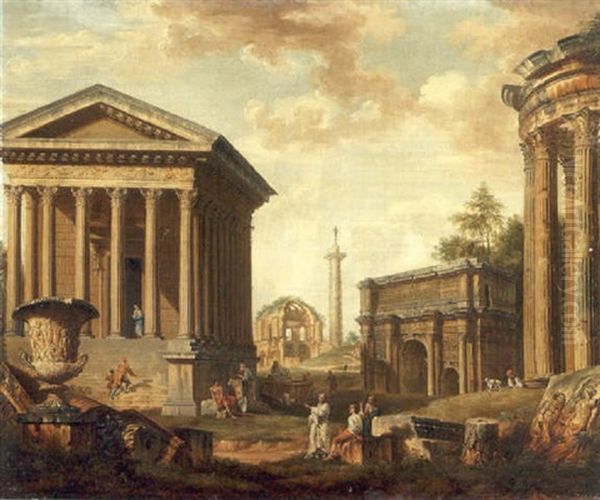 A Capriccio With La Maison Carree De Nimes, The Temple Of Minerva Medica, The Column Of Marcus Aurelius, The Arch Of Septimus Severus And The Temple Of Vesta Oil Painting by Giovanni Paolo Panini