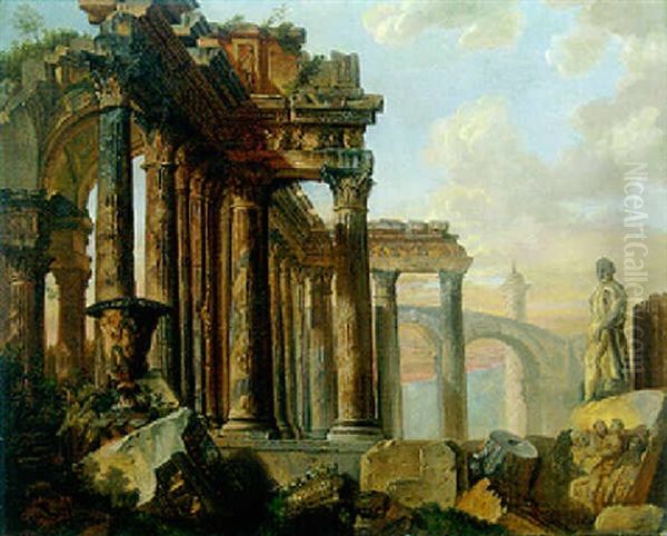 A Capriccio Of Classical Ruins With The Farnese Hercules, A Bas-relief Of Marcus Aurelius Entering Rome And Trajan's Column In The Distance Oil Painting by Giovanni Paolo Panini