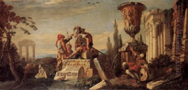 A Capriccio Of Roman Ruins With Figures Looking At The Medici Vase Oil Painting by Giovanni Paolo Panini