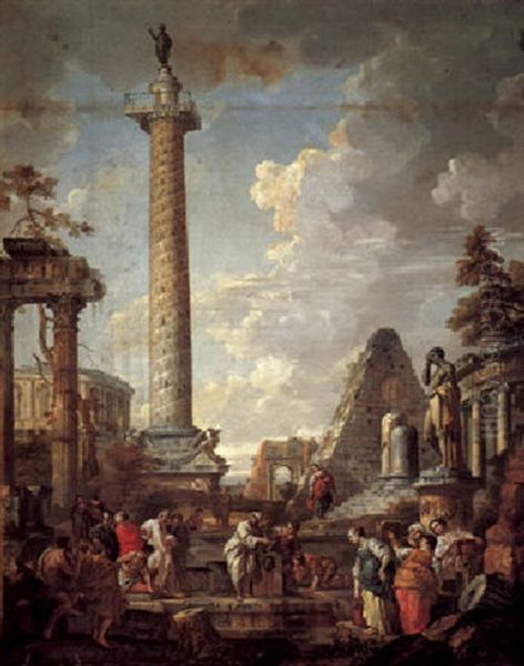 An Architectural Capriccio Of Roman Ruins, With Figures Gathered Around A Well Before Trajan's Column by Giovanni Paolo Panini