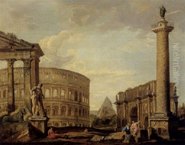 An Architectural Capriccio With Ruins From Ancient Rome, The Colosseum, The Pyramid Of Cestis, Trajan's Column And The Farnese Hercules Oil Painting by Giovanni Paolo Panini