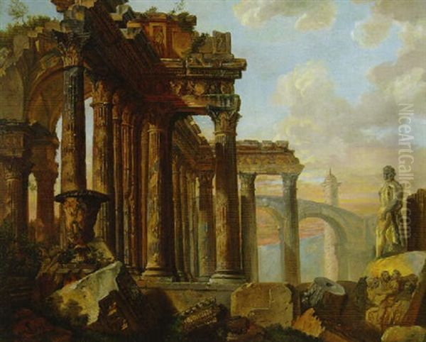 Classical Ruins With The Farnese Hercules, A Bas-relief Of Marcus Aurelius And Trajan's Colomn Oil Painting by Giovanni Paolo Panini