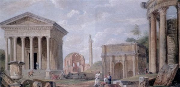 A Capriccio View Of Roman Ruins With The Maison Carree De Nimes, The Temple Of Minerva Medica And Trajan's Column Oil Painting by Giovanni Paolo Panini