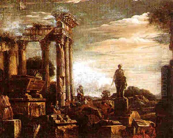 Italianate Landscape With Figures And Ruins Oil Painting by Giovanni Paolo Panini