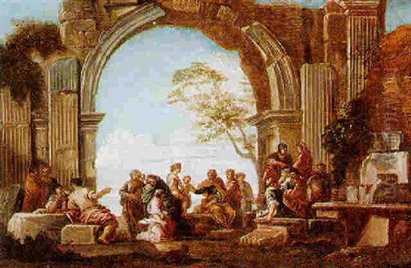 An Architectural Capriccio With Figures Gathered Beneath An Arch Oil Painting by Giovanni Paolo Panini