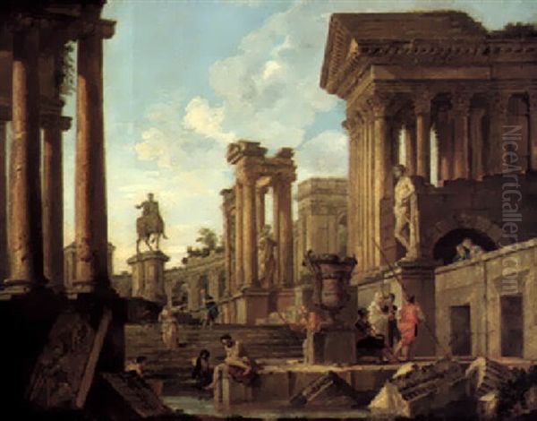 An Architectual Capriccio With Ruins, The Equestrian Statue Of Marcus Aurelius, And Figures By A Pool Oil Painting by Giovanni Paolo Panini