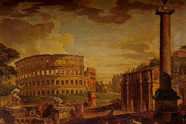 Capriccio View Of The Coliseum And Arch Of Constantine Near The Roman Forum Oil Painting by Giovanni Paolo Panini