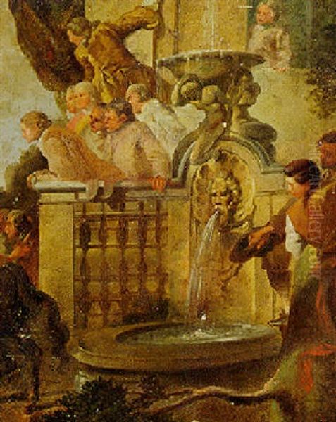 Figures At A Balustrade By A Fountain Oil Painting by Giovanni Paolo Panini