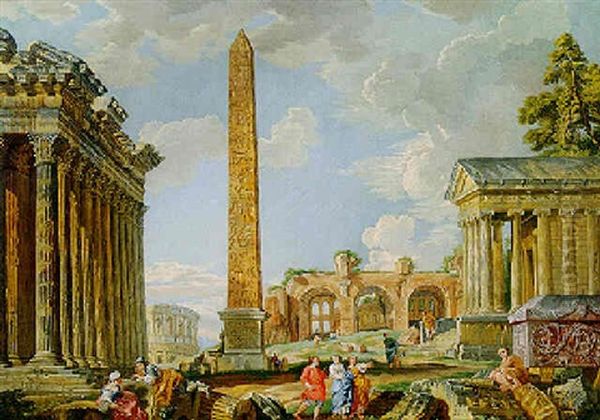 Capriccio Of Classical Ruins With An Obelisk And The Temples Of Hadrian And Fortuna Virile Oil Painting by Giovanni Paolo Panini