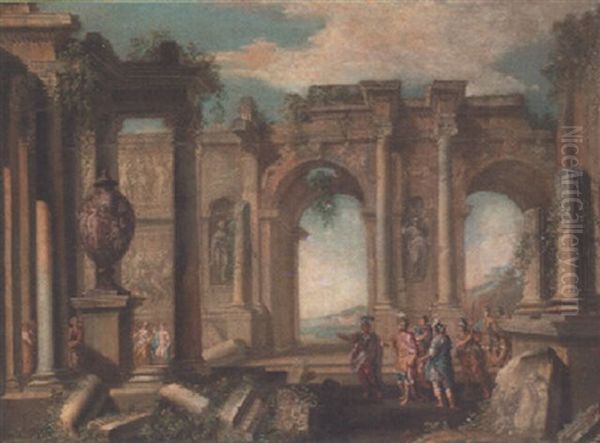 Soldiers Conversing Amongst Classical Ruins Oil Painting by Giovanni Paolo Panini