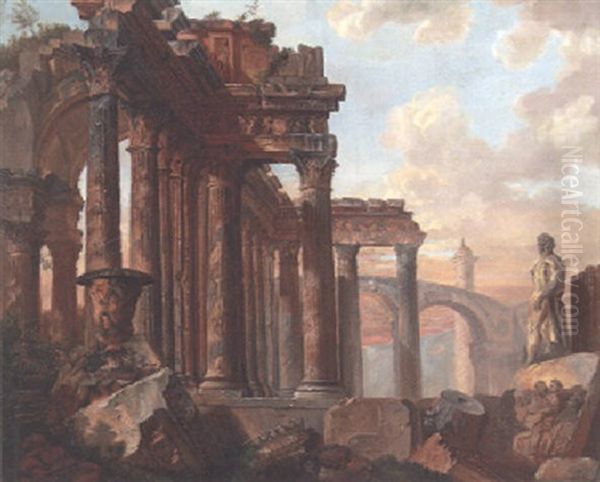 A Capriccio On Classical Ruins With The Farnese Hercules, A Bas-relief Of Marcus Aurelius Entering Rome And Trajan's Column In The Distance Oil Painting by Giovanni Paolo Panini