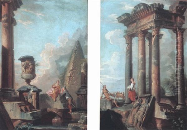 Capriccio Of Classical Ruins With Sculpted Urn And Pyramid Oil Painting by Giovanni Paolo Panini