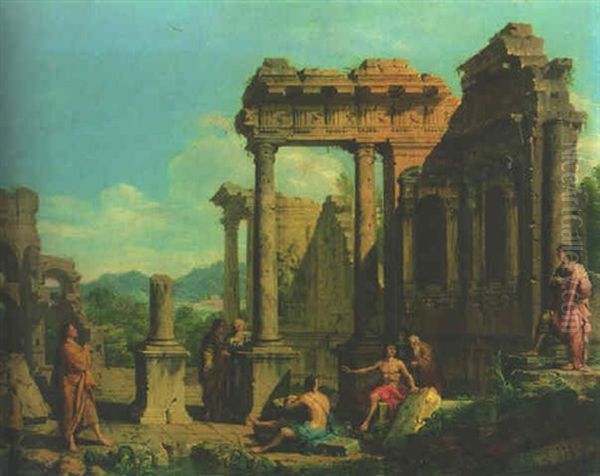 Philosophers Conversing Amongst Ancient Ruins Oil Painting by Giovanni Paolo Panini