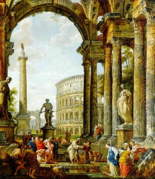 Architectural Capriccio With The Philosopher Diogenes And Other Figures By A Fountain Oil Painting by Giovanni Paolo Panini