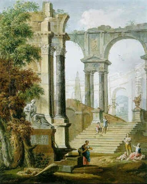 Romische Phantasiearchitektur Mit Arkaden Oil Painting by Giovanni Paolo Panini