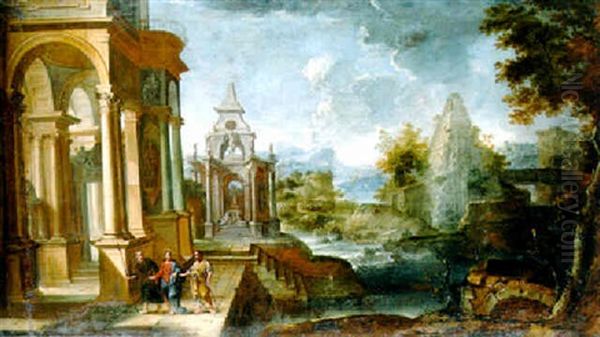 An Extensive Landscape With Christ On The Road To Emmaus Oil Painting by Giovanni Paolo Panini