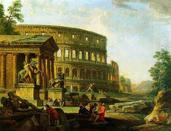 Architectural Capriccio With The Colosseum And The Temple Of Fortuna Virilis Oil Painting by Giovanni Paolo Panini