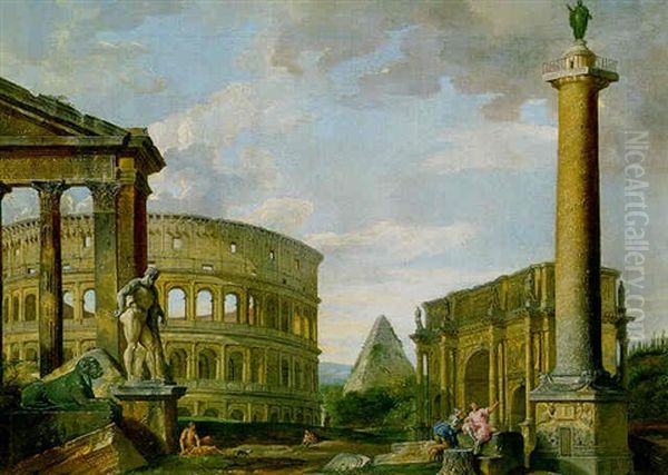 Capriccio Of Rome With The Porticus Of Octavia, The Colosseum, The Pyramid Of Caius Cestius, The Arch Of Constantine, Trajan's Column And The Farnese Hercules Oil Painting by Giovanni Paolo Panini