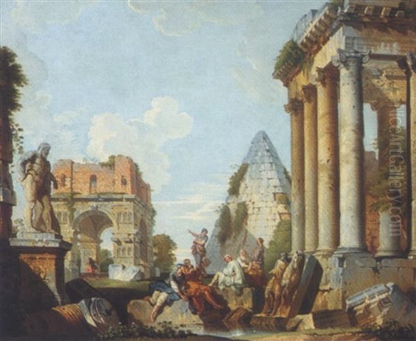 Capriccio Scene With Figures Resting Near A Pool Of Water Oil Painting by Giovanni Paolo Panini