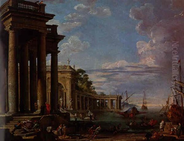 Vue D'un Port Imaginaire Avec Affretement D'un Vaisseau De Guerre Oil Painting by Giovanni Paolo Panini