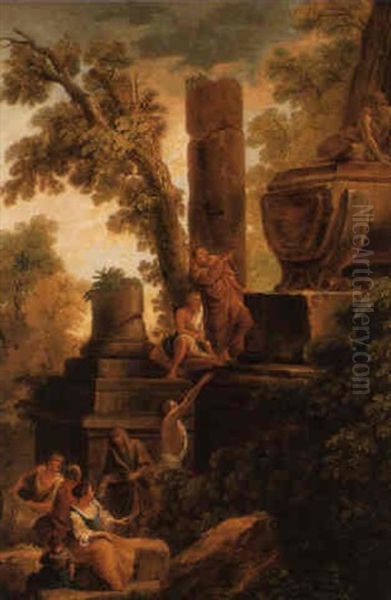 A Philosopher By A Sarcophagus With Other Figures Amongst Ruins Oil Painting by Giovanni Paolo Panini