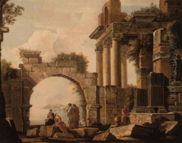 Philosophers Disputing Amongst Classical Ruins Oil Painting by Giovanni Paolo Panini