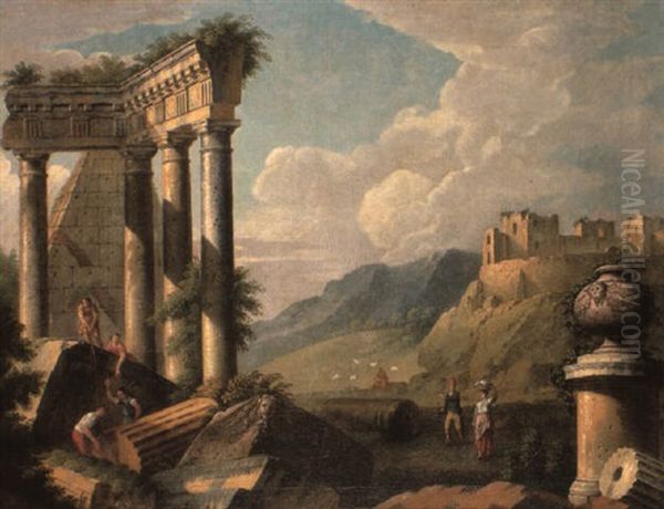 A Capriccio Landscape With Peasants Excavating Classical Ruins Oil Painting by Giovanni Paolo Panini