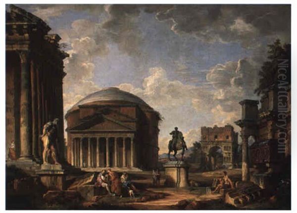 Capriccio With The Pantheon, The Arch Of Janus, And The Farnese Hercules Oil Painting by Giovanni Paolo Panini