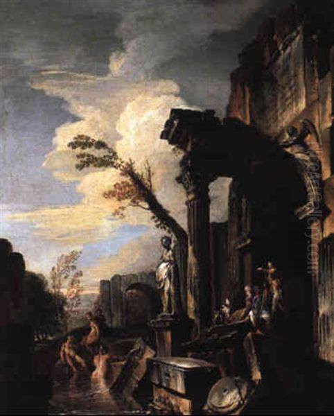 Bathers By Roman Ruins Oil Painting by Giovanni Paolo Panini