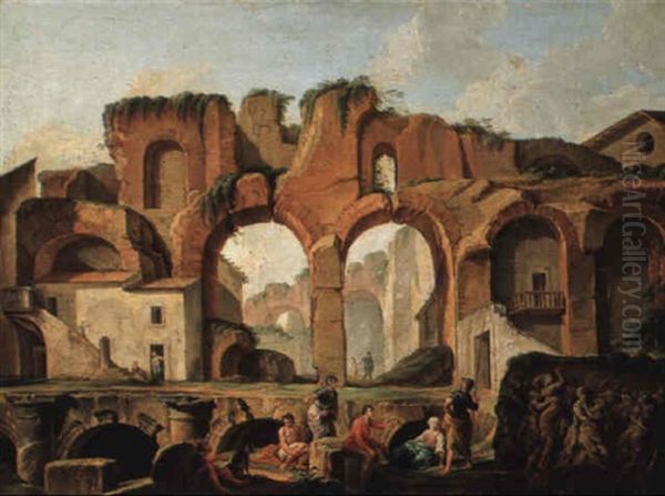 Figures By The Ruins Of The Roman Theater At Benevento Oil Painting by Giovanni Paolo Panini