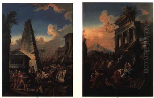 Ruinlandskab Med Kristusbarnets Tilbedelse Og Nedtagelsen Af Korset Oil Painting by Giovanni Paolo Panini