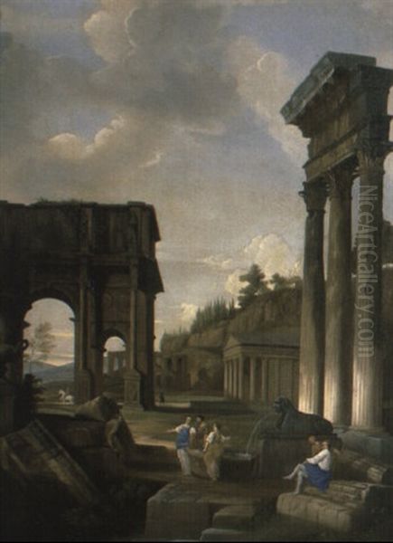 A Capriccio Of Classical Ruins With Peasants Resting By A Fountain Oil Painting by Giovanni Paolo Panini