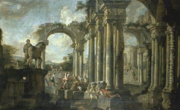 Capriccio Of Classical Ruins With Soldiers At A Pool Oil Painting by Giovanni Paolo Panini