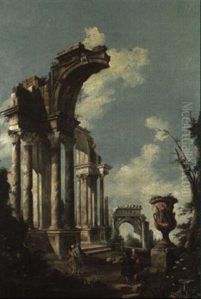 Capriccio -  Blick Auf Die Antike Bogenarchitekur Oil Painting by Giovanni Paolo Panini