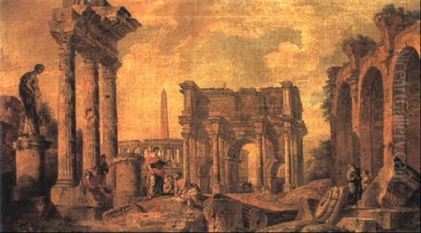 Capriccio Of The Columns Of The Temple Of The Dioscura Oil Painting by Giovanni Paolo Panini