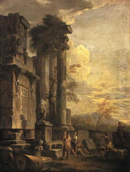 Figures Conversing Before The Ruins Of A Roman Tomb Oil Painting by Giovanni Paolo Panini