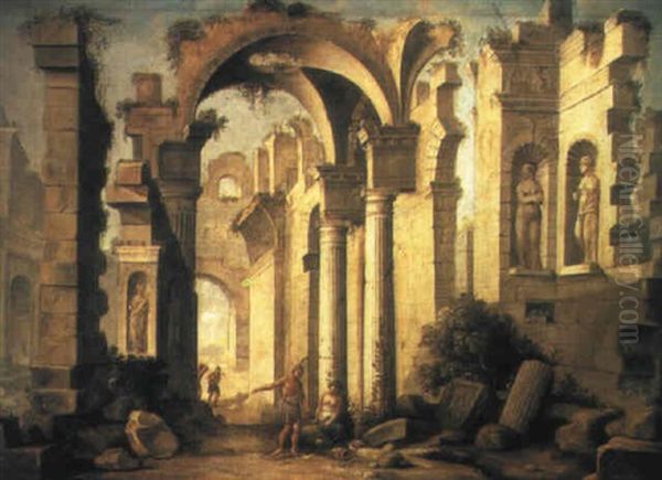 Figures Resting Amonst A Classical Ruin Oil Painting by Giovanni Paolo Panini