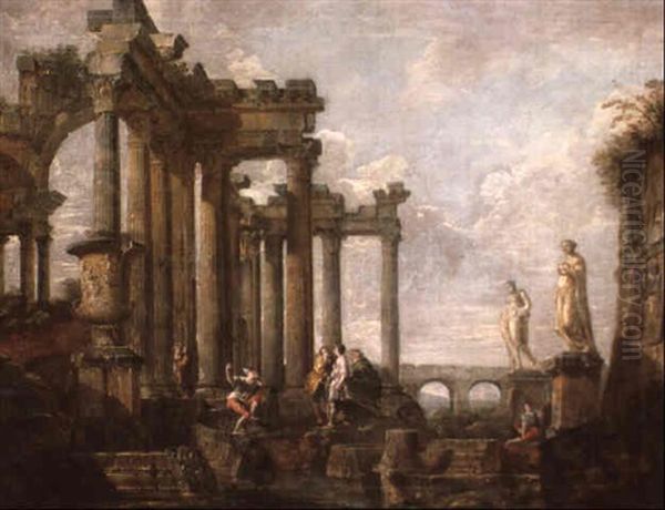 A Classical Architectural Capriccio With Soldiers And Other Figures Oil Painting by Giovanni Paolo Panini