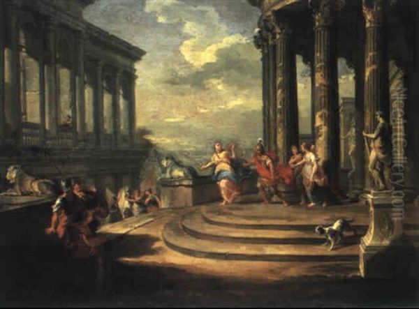 Capriccio Architettonico Con La Partenza Di Achille Dalla   Reggia Di Licomede Oil Painting by Giovanni Paolo Panini