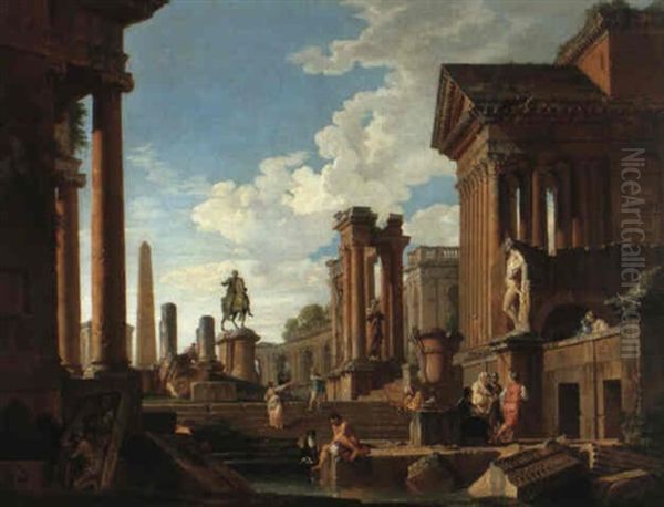 Romische Ruinen Mit Der Reiterstatue Marc Aurels Oil Painting by Giovanni Paolo Panini