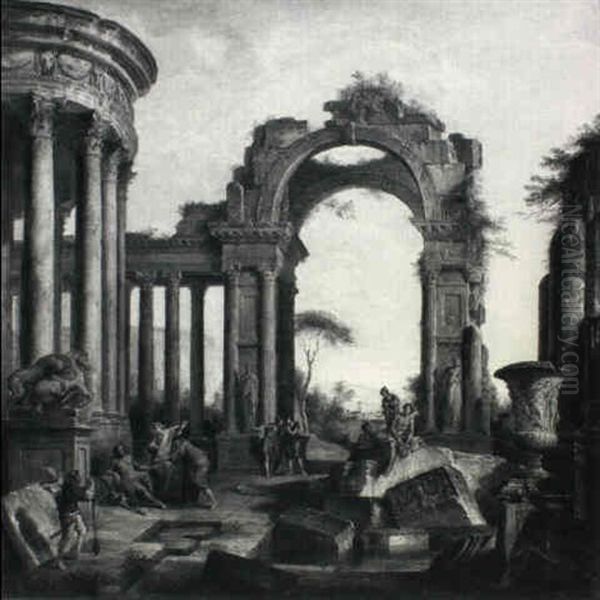 A Capriccio Of Classical Ruins With The Impoverished        Belisarius Oil Painting by Giovanni Paolo Panini